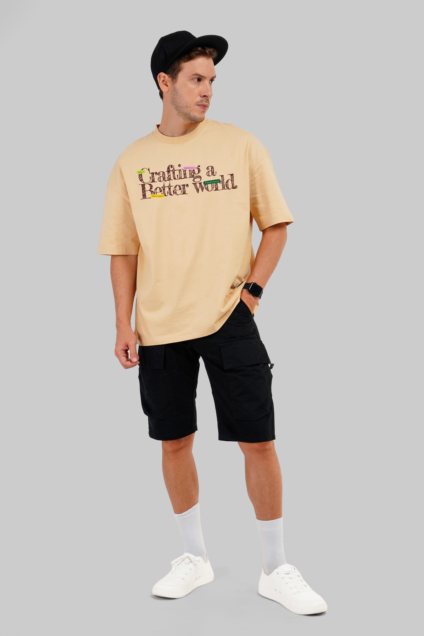 Better World Typographic Beige Baggy Fit T-Shirt Men