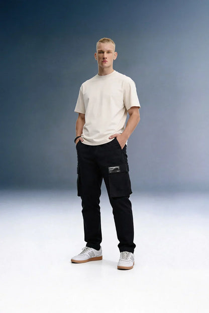 Black Drawstring Regular Fit Men's Cargo - Mid rise