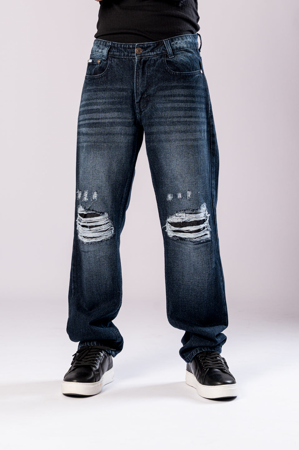 Deep Blue Distressed Men's Relaxed Jeans