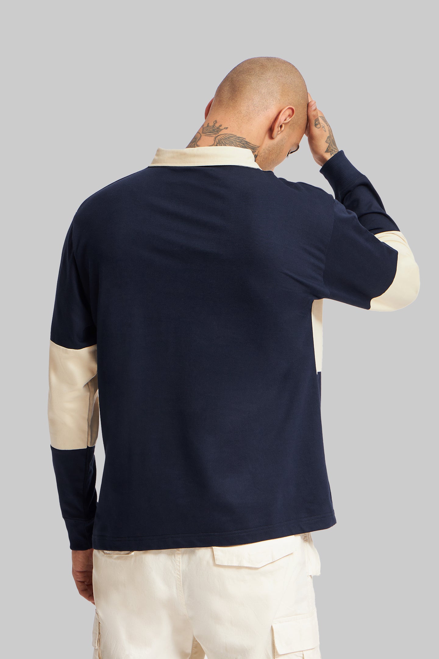 Navy and Beige Men's Polo