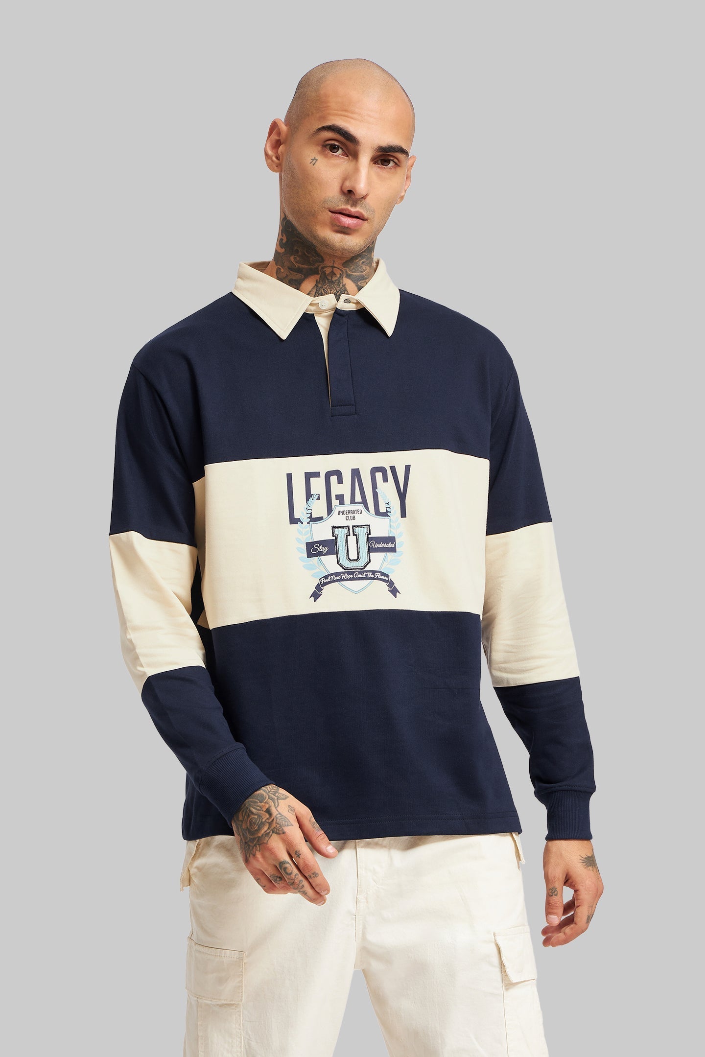 Navy and Beige Men's Polo
