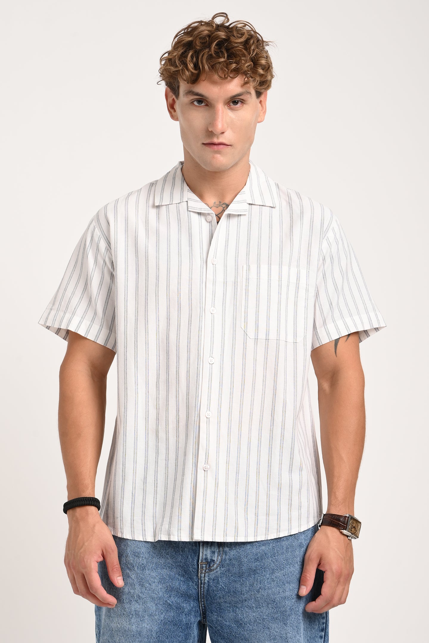 White Striped Cuban Collar Shirt