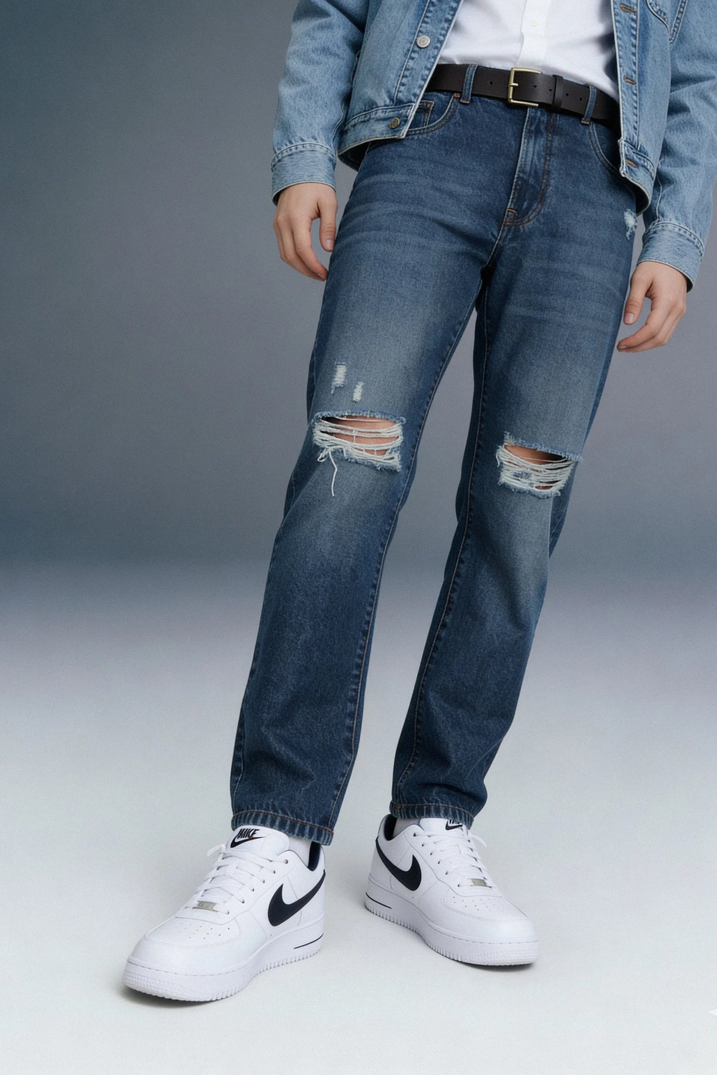 Dark Blue Mid Rise Distressed Men's Relaxed Jeans