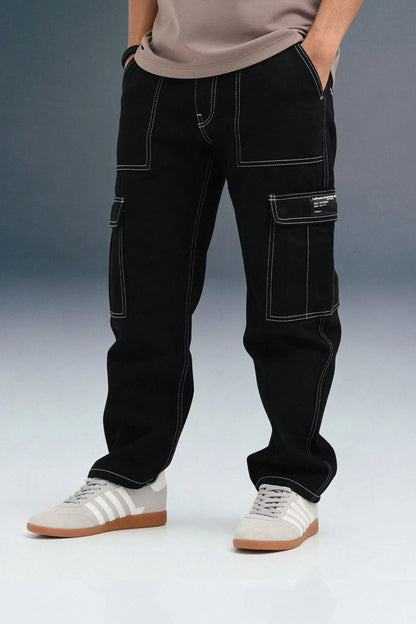 Black 6-Pocket Cargo Jeans for Men - Mid Rise Regular Fit