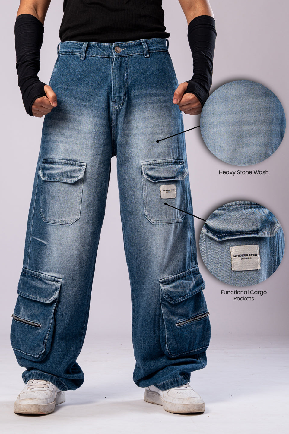 Faded Blue 8-Pocket Baggy Cargo Jeans for Men