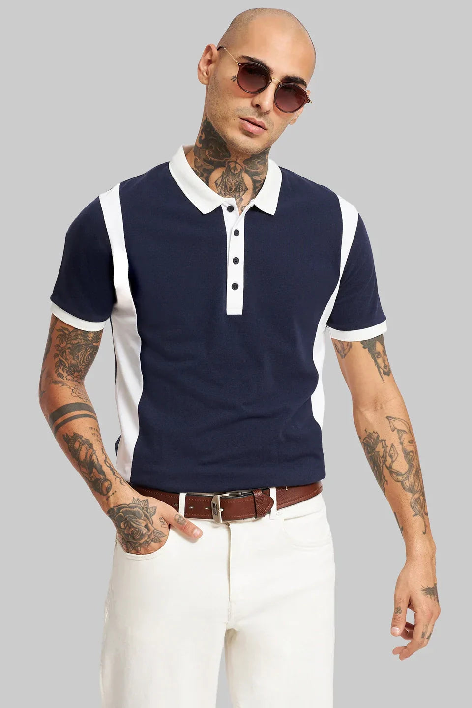 Pack of 2 Men's Polo T-shirt combo -White/ Colourblocked Navy