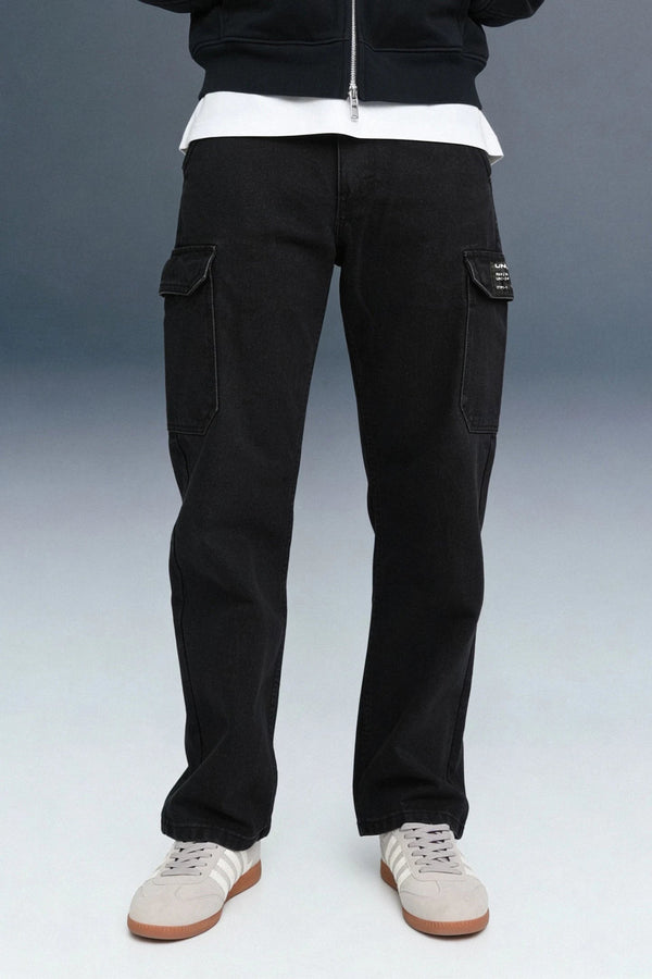 Jet Black 6-Pocket Cargo Jeans For Men - Mid Rise Relaxed Fit