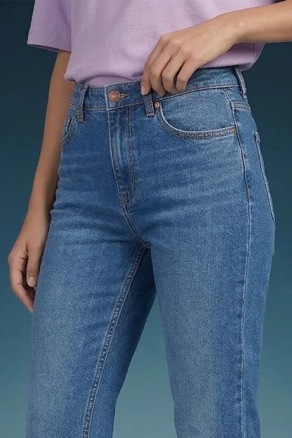 Blue Mid Rise Straight Women Jeans