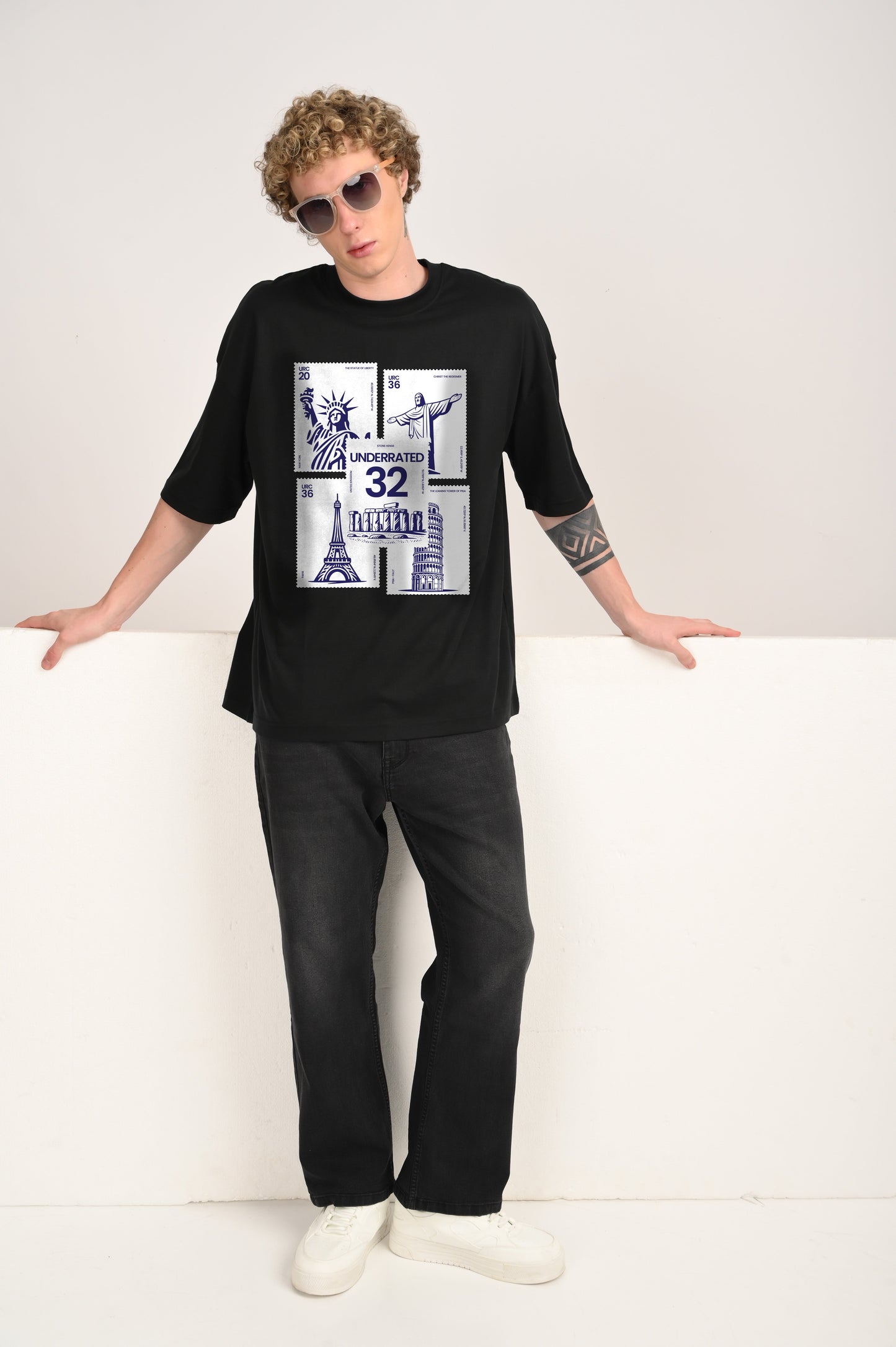 World Tour Stamps Black Oversized Fit T-Shirt Men