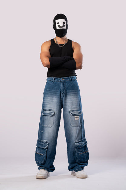 Faded Blue 8-Pocket Baggy Cargo Jeans for Men