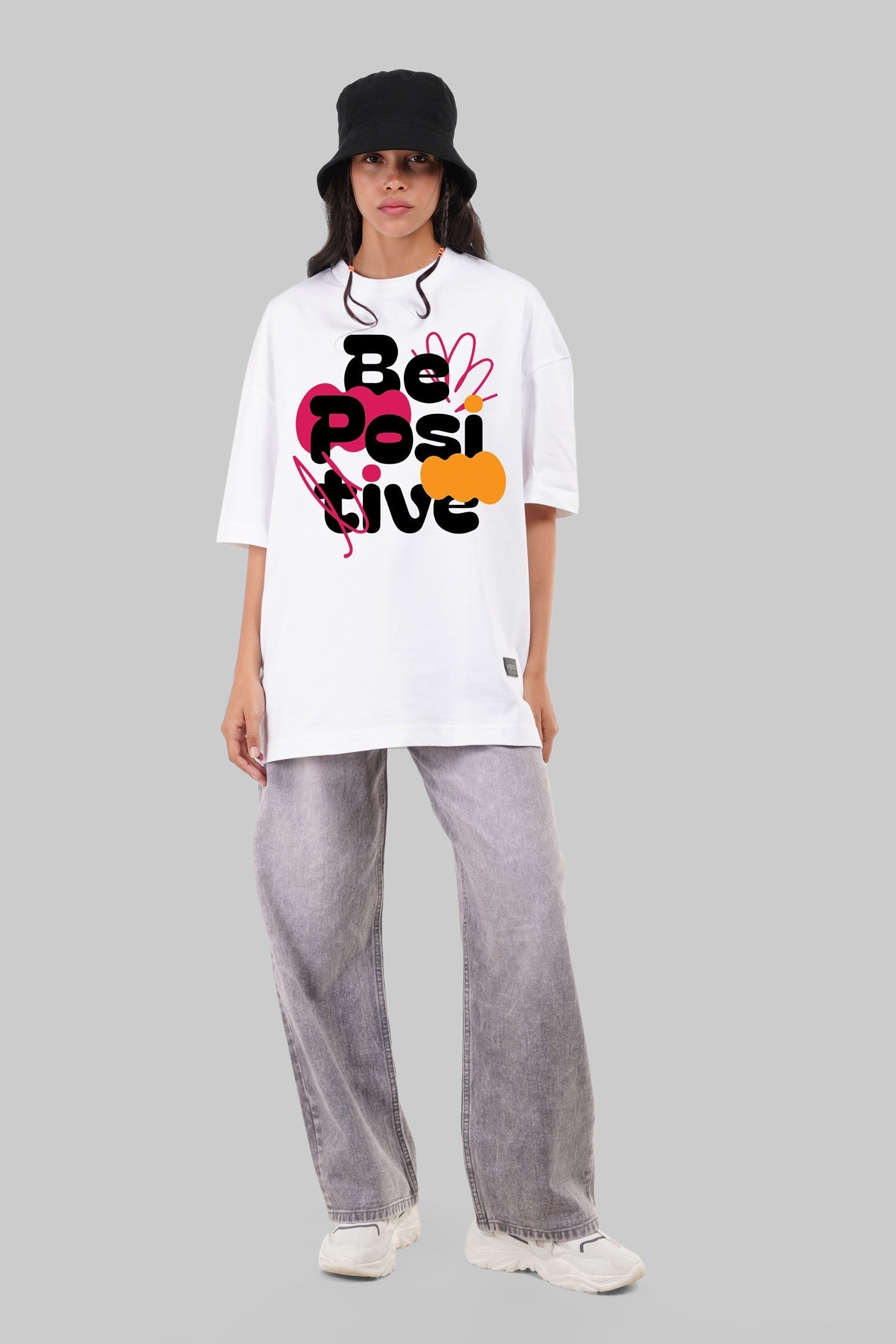 Be Positive Typographic White Baggy Fit T-Shirt Women