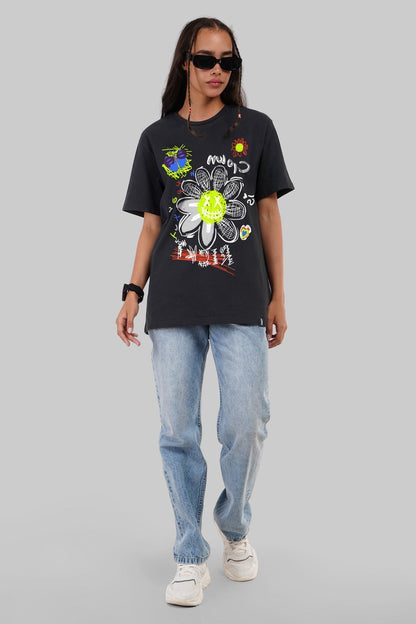 Chalk Flower Black Boyfriend Fit T-Shirt Women