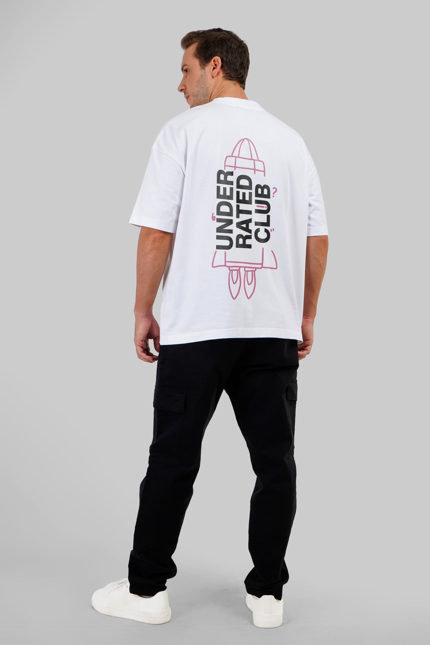 To The Moon Rocket White Baggy Fit T-Shirt Men