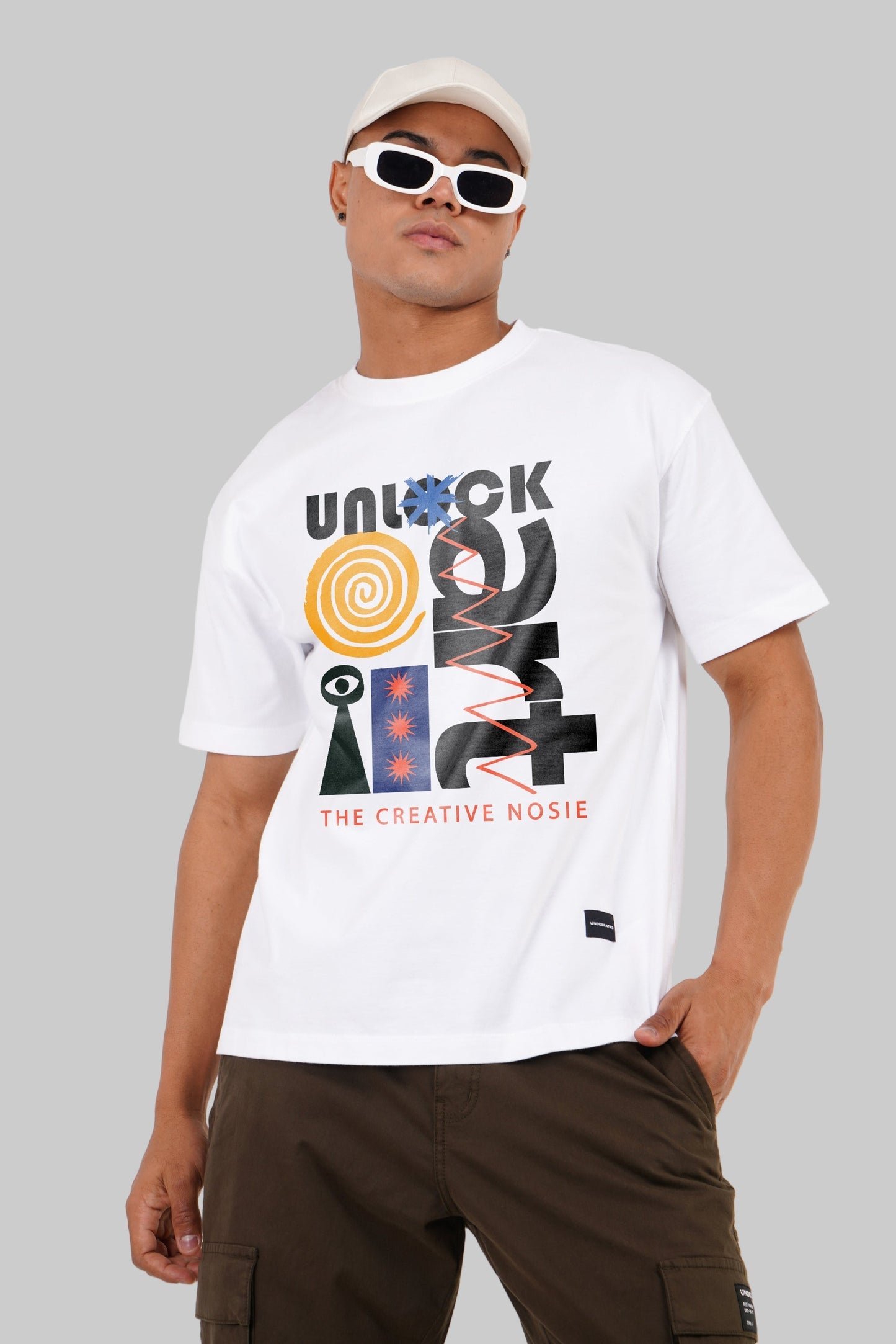 Unlock the Creative Noise Art Print White Oversized Fit T-Shirt Men